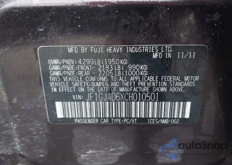 2012 Subaru Impreza 2.0I Premium из США, поврежденный, VIN JF1GJAD6XCH010501